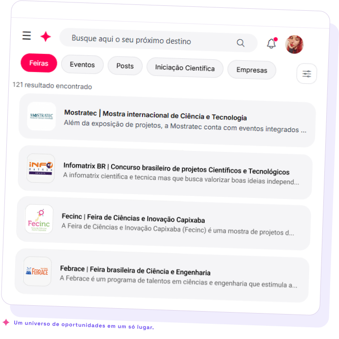 Tela da plataforma mostrando uma busca por feiras, eventos, posts, iniciação científica e empresas, com 121 resultados encontrados. Um universo de oportunidades em um só lugar.
