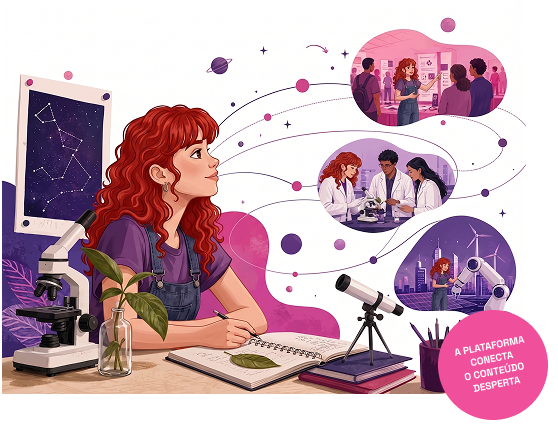 Ilustração de uma jovem cientista pensando em feiras de ciências, laboratórios e cidades sustentáveis. A plataforma conecta, o conteúdo desperta.