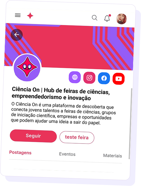 Perfil real do Ciência On dentro da plataforma, com foto de capa, botão de seguir, redes sociais e abas de Postagens, Eventos e Materiais.